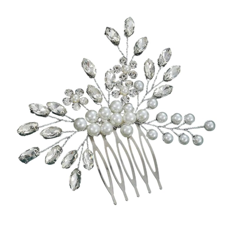 Broche cheveux argentée avec cristaux et perles