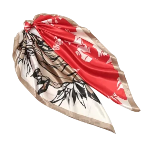 Foulard cheveux satin blanc, beige et rouge