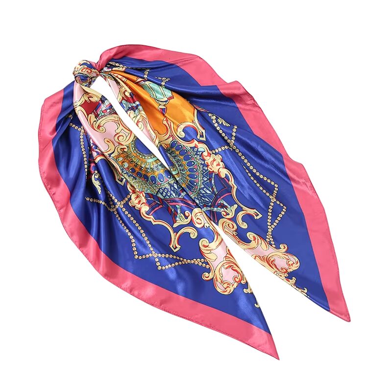 Foulard cheveux satin bleu et rose à motifs