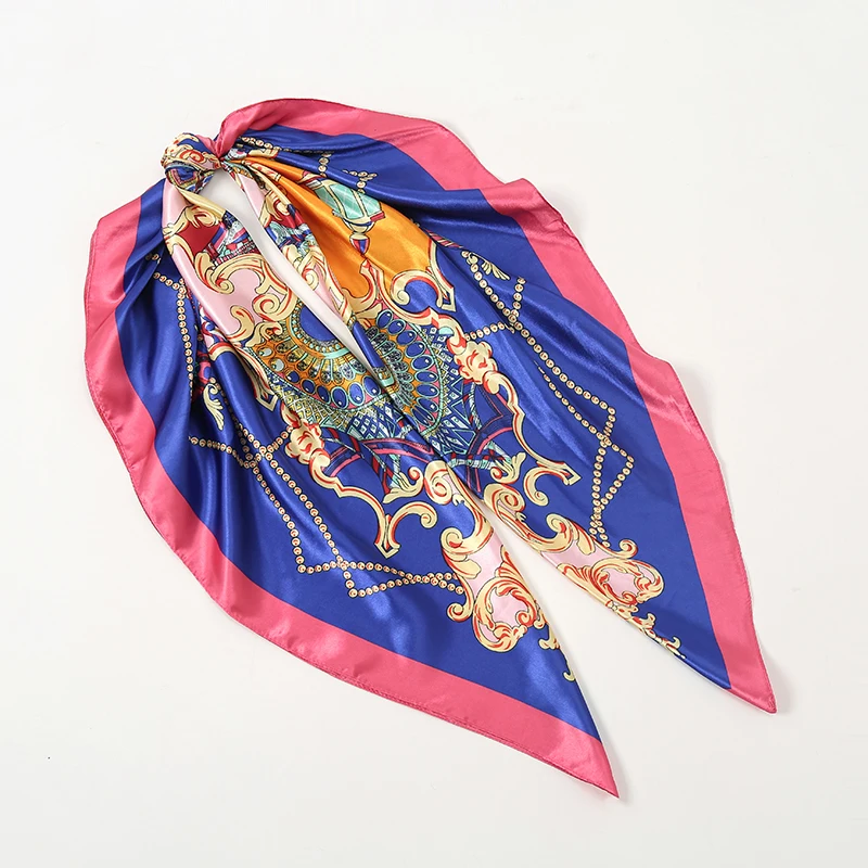 Foulard cheveux satin bleu et rose à motifs